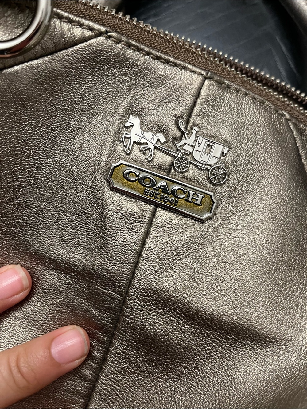 Coach Metallic Pewter Leather Shoulder Bag with Horse-and-Carriage Logo